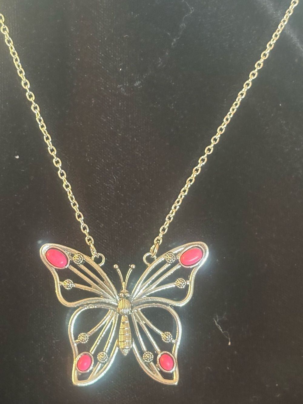Silver Butterfly Pendant Necklace with Pink Accents